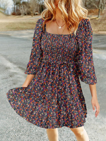 Women’s A-Line Dress – Shirred Bodice – Puff Sleeve – U-Neck – Lightweight Fit