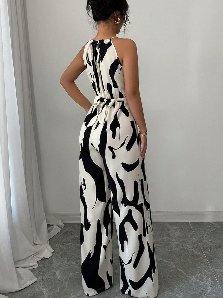 Women's Halter-Neck Jumpsuit - Elegant Wide-Leg Design - Abstract Pattern