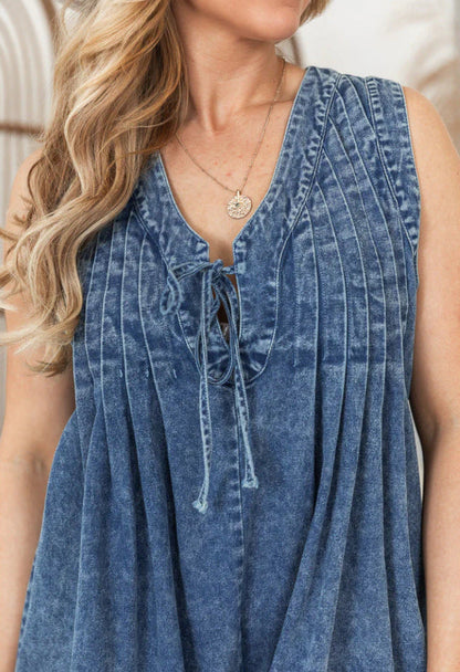 Women’s Denim Romper – Loose Fit – Sleeveless – Lace-Up V-Neck – Short Casual Style