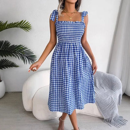 Women’s Sundress – Checked Pattern – Smocked Bodice – Bow Strap – Midi Slim Fit