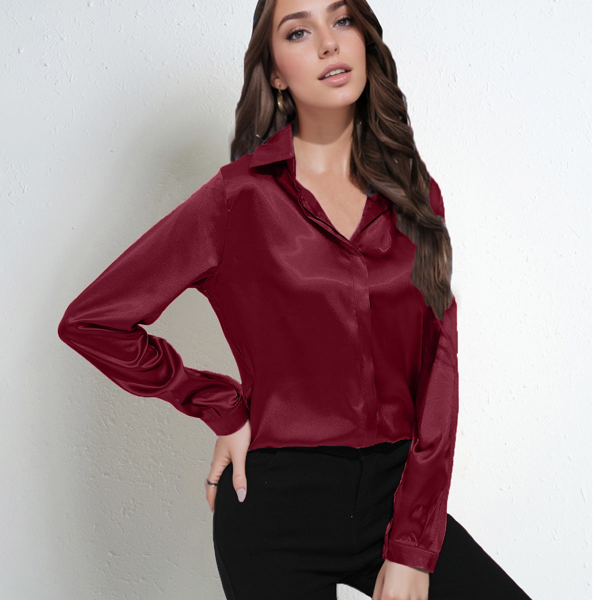 Women’s Blouse – Satin Finish – Relaxed Fit – Long Sleeve V-Neck Button-Down