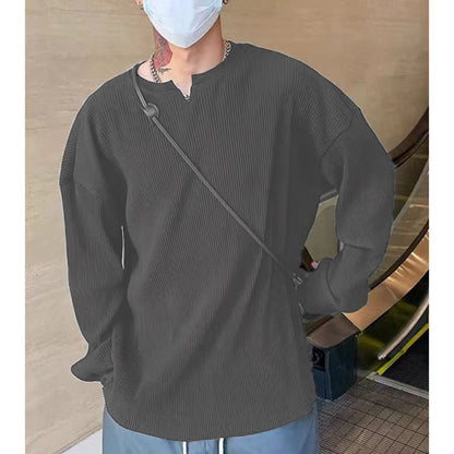 Men’s Long Sleeve T-Shirt – Ribbed Knit – Relaxed Fit – V-Neck Casual Layer