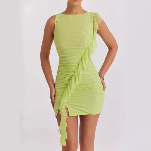 Women’s Bodycon Dress – Sleeveless Backless – Ruffle Ruched Mini Party Wear