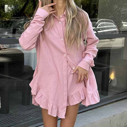 Women’s Loungewear Set – Cotton Blend – Relaxed Fit – Heart Print – Button Shirt & Shorts