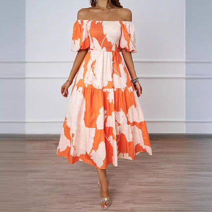 Women’s Midi Dress – Off-Shoulder – Puff Sleeve – Shirred Bodice – Tiered A-Line