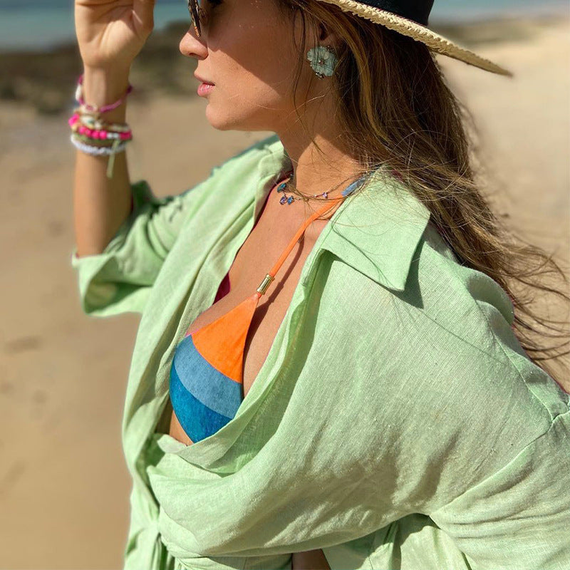 Women’s Wrap Dress – Cotton Linen Blend – Mini Length – Collared V-Neck – Long Sleeve