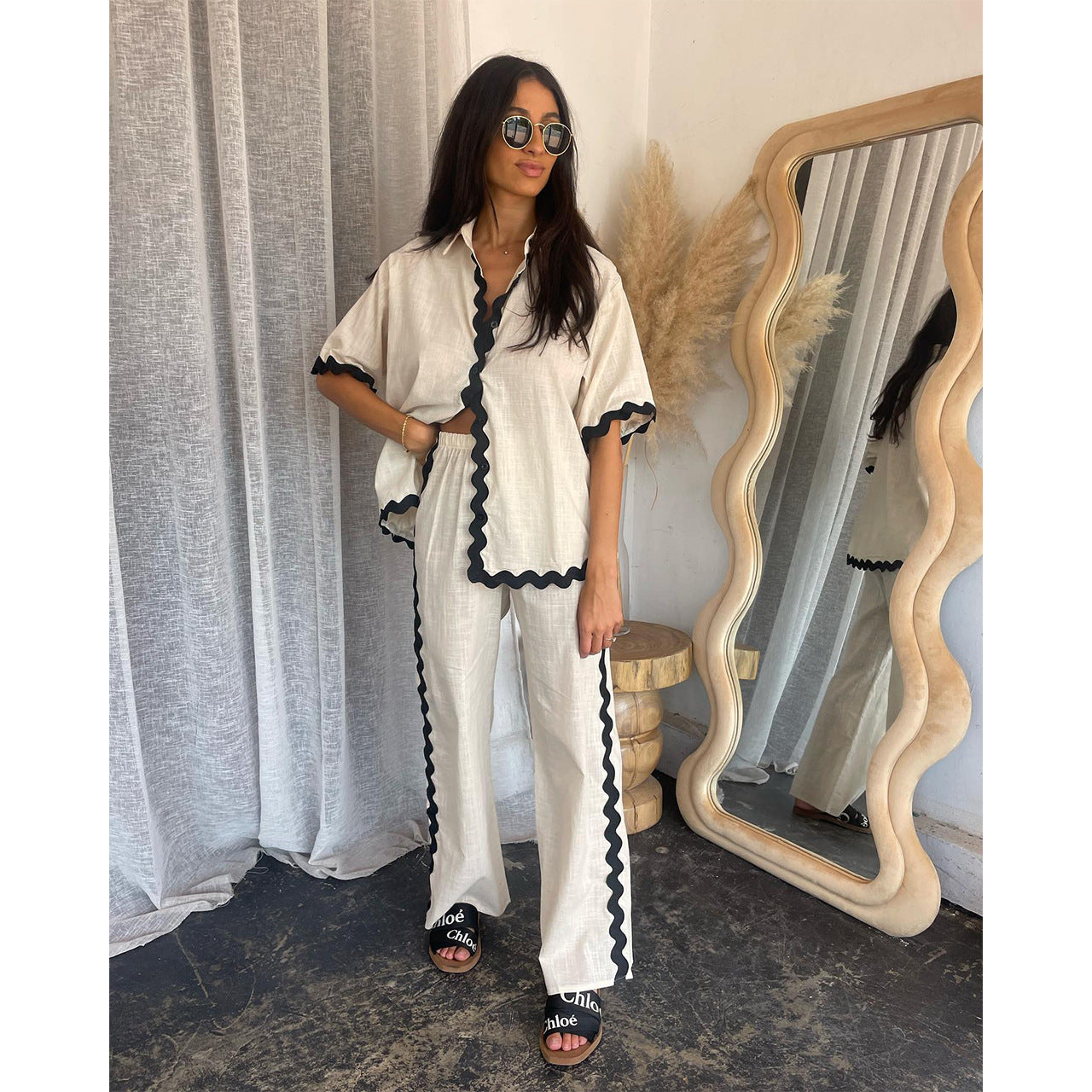 Women’s Two-Piece Set – Lightweight Cotton – Loose Fit – Scalloped Open Front
