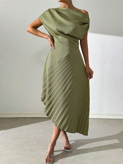 Women’s Midi Dress – One Shoulder – Satin Finish – Pleated Skirt – Fitted Silhouette