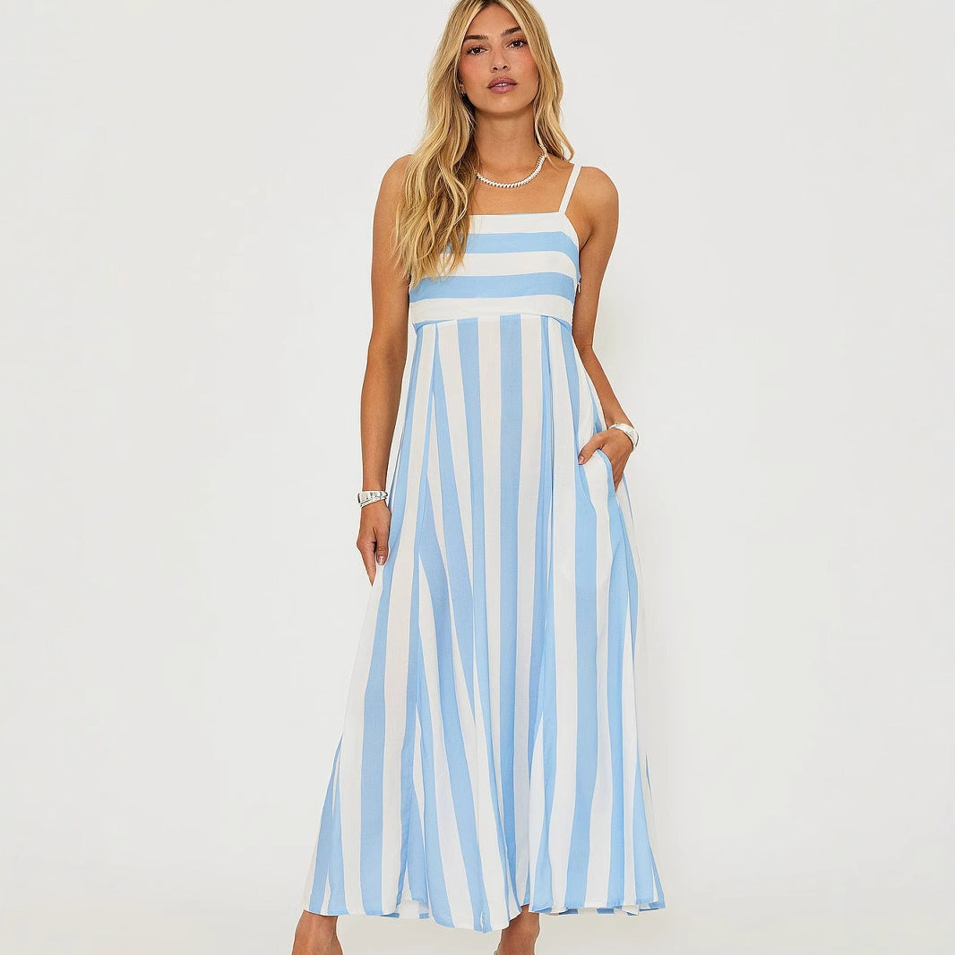 Women’s Long Dress – Lightweight Cotton – A-Line Fit – Square Neck – Vertical Stripes