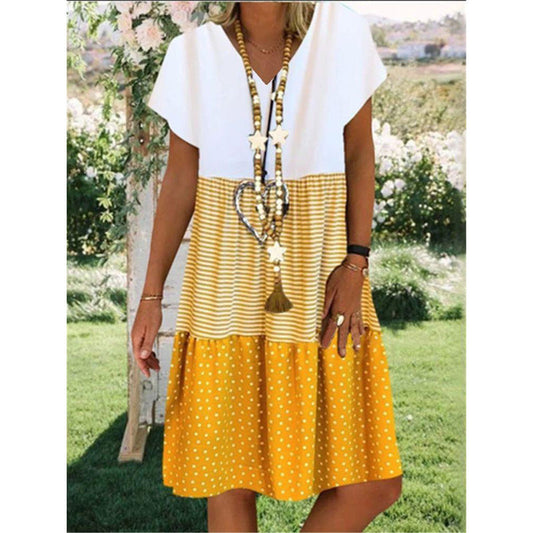 Women’s Midi Dress – Relaxed Fit – V-Neck – Short Sleeve – Tiered Boho Style – Breathable Blend
