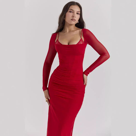 Women’s Sheath Dress – Slim Fit – Mesh Sleeves – Backless – Full Length Slit