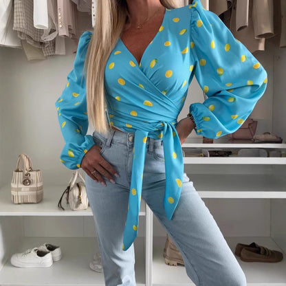 Women’s Wrap Top – Fitted Silhouette – Deep V-Neck – Long Sleeve – Tie Waist – Printed