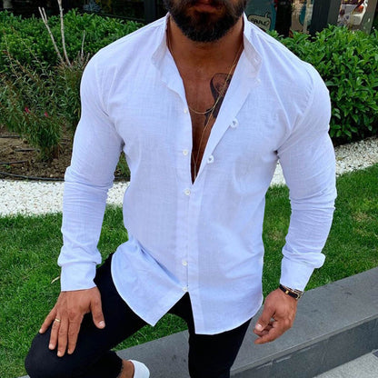Men’s Long Sleeve Shirt – Slim Fit – Cotton – Button-Up – White – Tailored Silhouette