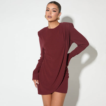 Women’s Mini Dress – Bodycon Fit – Long Sleeve – Draped Detail – Elegant Silhouette