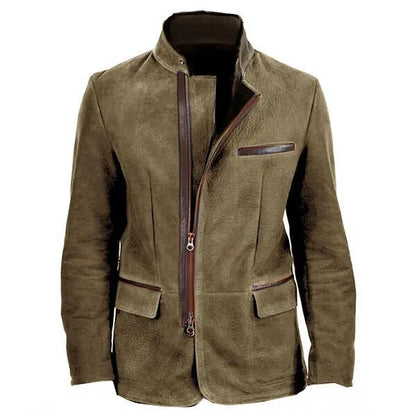 Men’s Suede Jacket – Slim Fit – Stand Collar – Zipper Front – Multi-Pocket Style