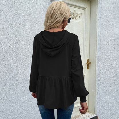 Women’s Hoodie – Relaxed Fit – Soft Knit – Ruffle Hem – Drawstring Neckline – Long Sleeve