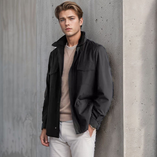 Men’s Coat – Relaxed Fit – Hip Length – Zipper Front – High Collar – Utility Pockets