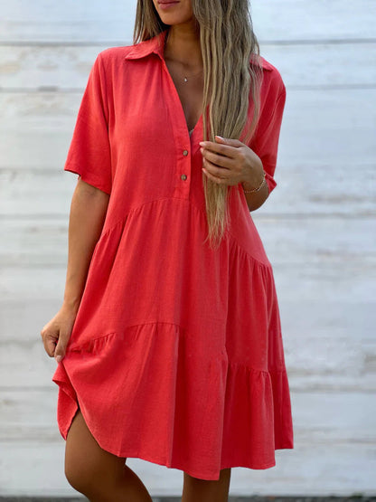 Women’s Casual Dress – Natural Fibers – Relaxed Fit – Tiered – Collared – Short Sleeve