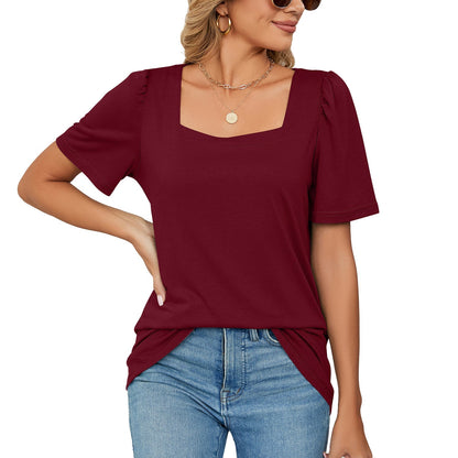 Women’s T-Shirt – Square Neck – Puff Sleeves – Soft Knit – Relaxed Fit Casual Wear