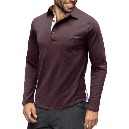 Men’s Long Sleeve Polo Shirt – Cotton – Slim Fit – Chest Pocket – Button Placket