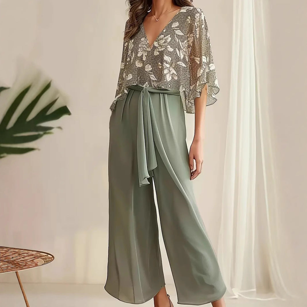 Women’s Suit Set – V-Neck – Floral Print – Relaxed Fit – Lightweight Breathable Fabric