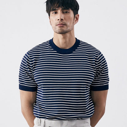 Men’s T-shirt – Slim Fit – Knit Cotton Blend – Horizontal Stripe – Ribbed Trim
