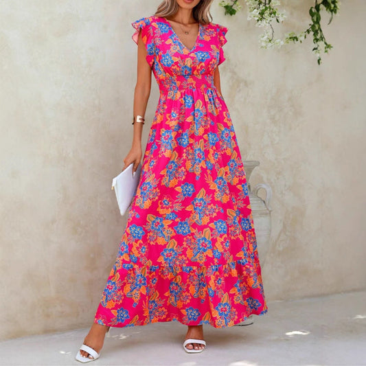 Women’s Maxi Dress – Sleeveless Relaxed Fit – V-Neck – Floral Print – Ruffle Detail