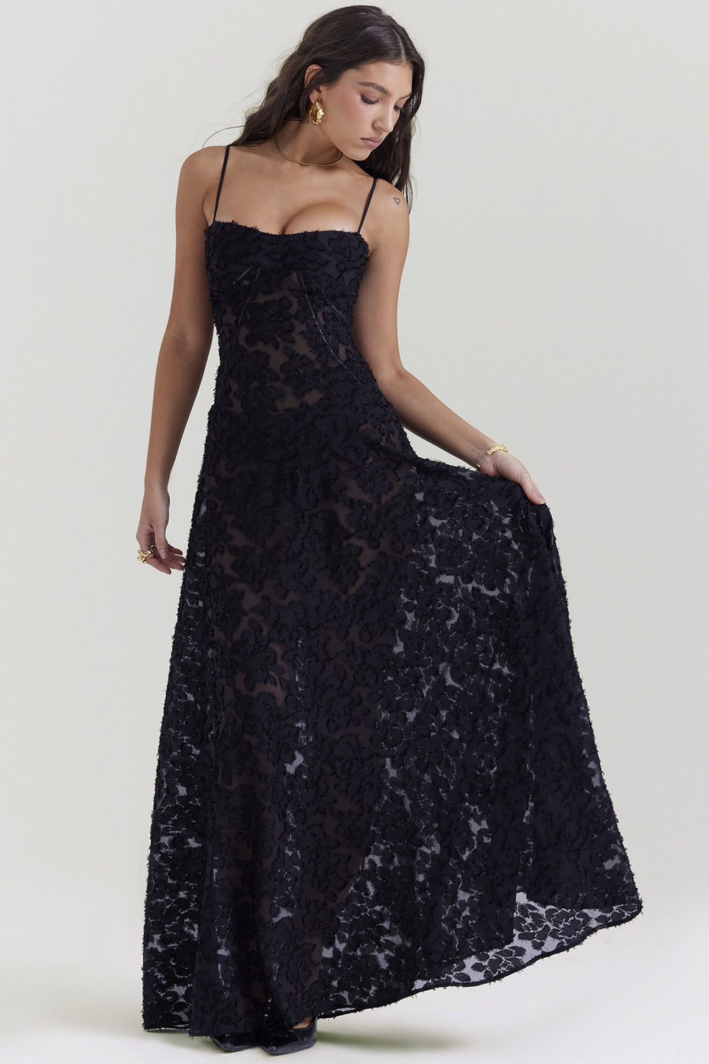 Women’s Midi Dress – Silky Fabric – Slim Fit Bodice – Spaghetti Straps – Elegant Skirt