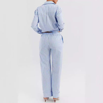 Women’s Shirt and Pants Set – Cotton Blend – Relaxed Fit – Striped – Wide-Leg Style