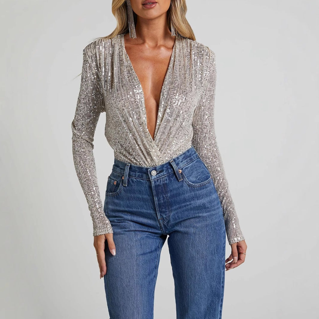 Women’s Bodysuit – Slim Fit – Deep V-Neck – Long Sleeve Sequin Evening Wear