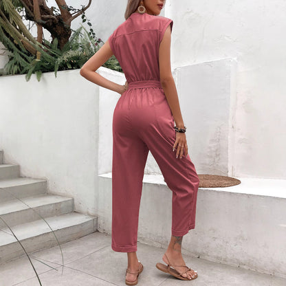 Women’s Jumpsuit – Sleeveless V-Neck – Relaxed Fit – Tie Waist – Cotton Blend – Pockets