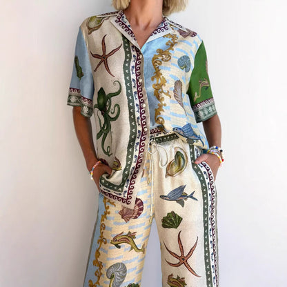 Women’s Shirt and Pants Set – Linen Blend – Relaxed Fit – Wide Leg – Marine Print
