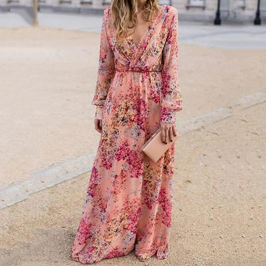 Women’s Maxi Dress - Woven Fabric - V Neck - Long Sleeves - Elasticated Waist