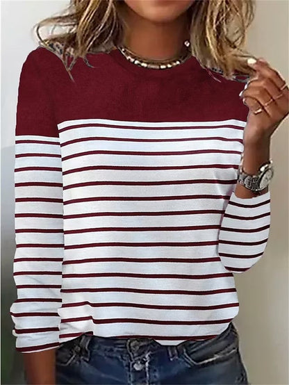 Women’s Long Sleeve Shirt – Cotton Blend – Casual Fit – Round Neck – Striped Pattern
