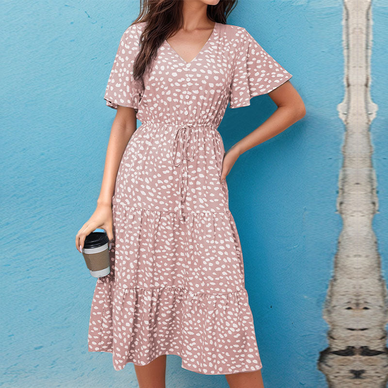 Women’s Midi Dress – A-Line Fit – Button-Down – Puff Sleeves – Polka Dot – Cotton