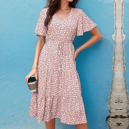 Women’s Midi Dress – A-Line Fit – Button-Down – Puff Sleeves – Polka Dot – Cotton