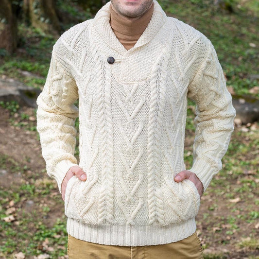 Men’s Pullover Sweater – Soft Knit – Relaxed Fit – Shawl Collar with Button Closure
