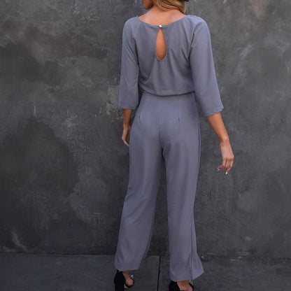 Women’s Jumpsuit – Relaxed Fit – Wide Leg – Breathable Fabric – Boat Neck – 3/4 Sleeve