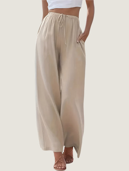 Women’s Wide-Leg Pants – Linen Blend – Relaxed Fit – Drawstring Waist – Full Length