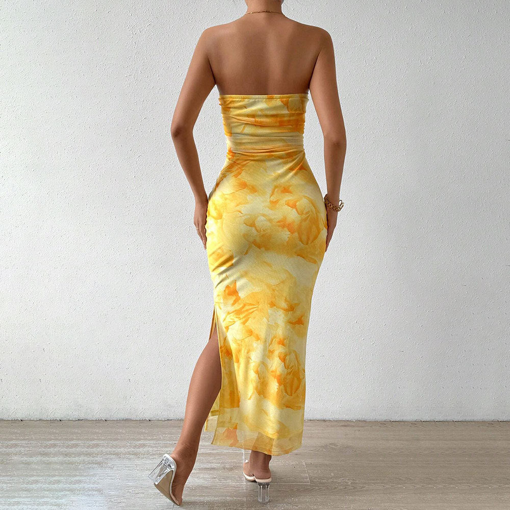 Women’s Maxi Dress – Strapless Slim Fit – Mesh Overlay – Side Slit Draped Design