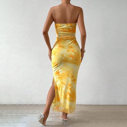 Women’s Maxi Dress – Strapless Slim Fit – Mesh Overlay – Side Slit Draped Design