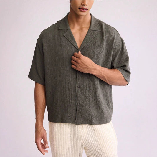 Men’s Short Sleeve Shirt – Relaxed Fit – Textured Cotton Blend – Button Up Casual