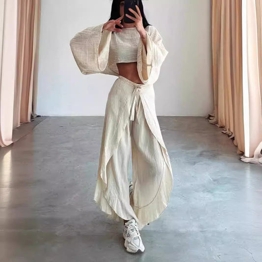 Women’s Two-Piece Set – Linen Blend – Cropped Wide Sleeve Top – Ruffled Wide-Leg Pants