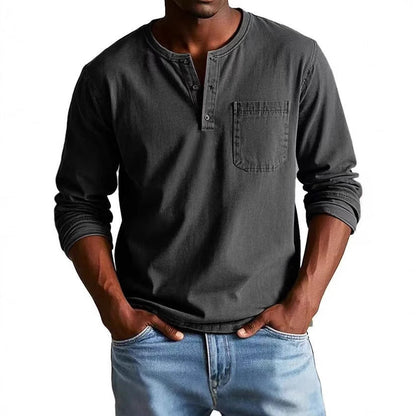 Men’s Long Sleeve T-Shirt – Slim Fit – Cotton Blend – Button Neck – Chest Pocket