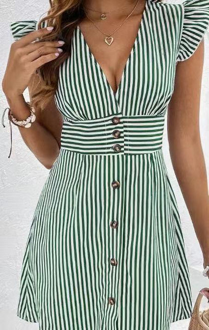 Women’s Midi Dress – A-Line Fit – V-Neck – Ruffle Cap Sleeves – Button Front – Striped