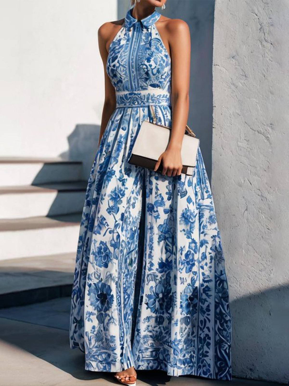 Women’s Maxi Dress – Halter Neck – A-Line Fit – Breathable Blend – Printed Design