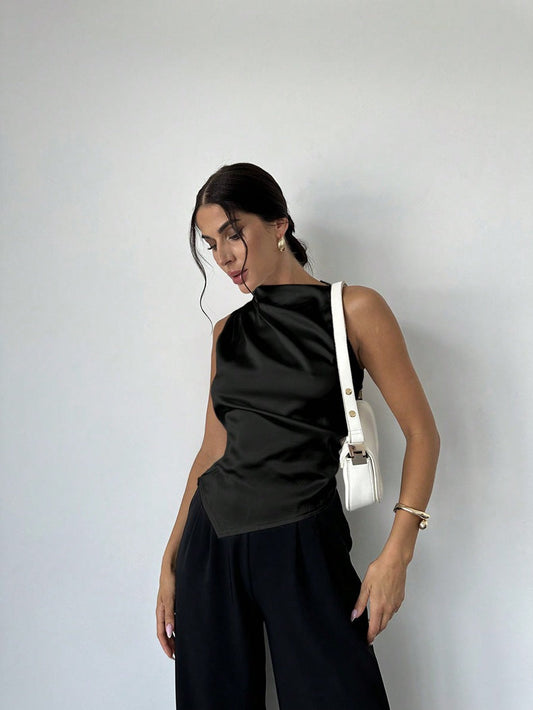 Women’s Sleeveless Blouse – Slim Fit – High Neck – Draped Front – Luxury Fabric