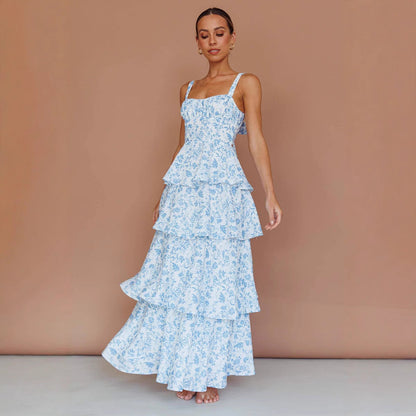 Women’s Midi Dress – Slim Fit Bodice – Tiered Ruffled Skirt – Sleeveless Floral Print