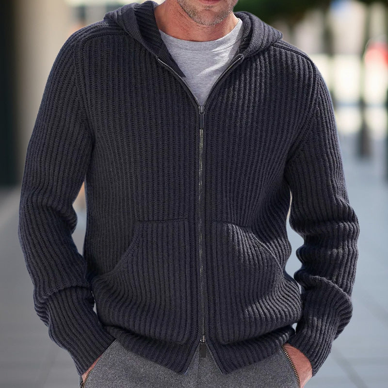 Men’s Knit Cardigan – Hooded – Relaxed Fit – Ribbed Texture – Long Sleeve Casual Wear