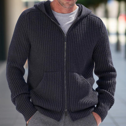 Men’s Knit Cardigan – Hooded – Relaxed Fit – Ribbed Texture – Long Sleeve Casual Wear